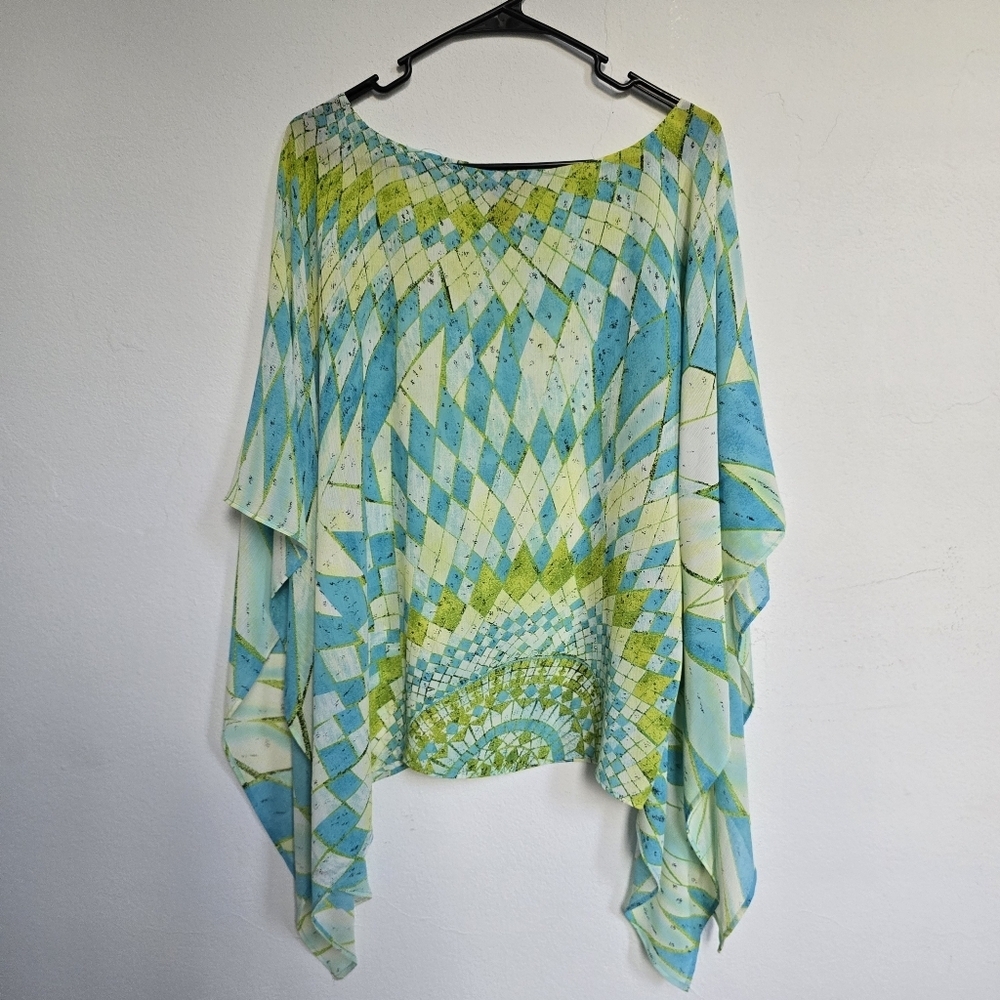 Marianne Retro Oversize Sheer Batwing Blouse Blue Green Geo Print Size Medium